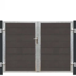 Outlet Plus Danmark Dubbele tuindeur composiet Futura antraciet in stalen frame links met zwart/grijze palen (213 x 145 cm)