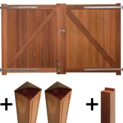 Online Elephant Dubbele poort hardhout bankirai Belmonte set incl. beslag en 2 palen en steunpiket (300 x 180 cm)