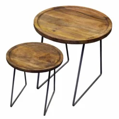Clearance I-Catchers Industriële bijzettafel rond massief Mango - Set van 2