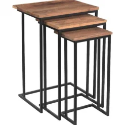 Discount I-Catchers Industriële bijzettafel vierkant hout&staal - Set van 3