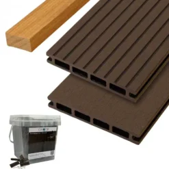 Clearance C-Wood Vlonder totaalpakket composiet 2,1 x 14 cm donker bruin (4 mtr) vlak/grove ribbel