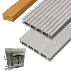 C-Wood Vlonder totaalpakket composiet 2,1 x 14 cm steengrijs gevlamd (5 mtr) vlak/grove ribbel