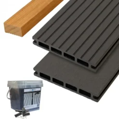 Clearance C-Wood Vlonder totaalpakket composiet 2,1 x 14 cm grey (5 mtr) vlak/grove ribbel