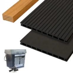 Hot C-Wood Vlonder totaalpakket composiet 2,1 x 25 cm - XXL antraciet (4 mtr) vlak/grove ribbel