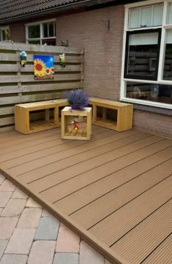 Clearance C-Wood Vlonderplank composiet 2,1 x 25 cm - XXL teak bruin (4 mtr) grove ribbel en vlak